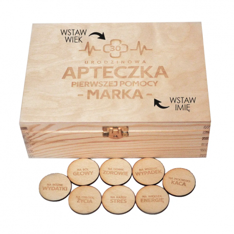 Produkt personalizowany - Urodzinowa apteczka pierwszej pomocy (Imię + Wiek) - drewniane pudełko z grawerem na prezent