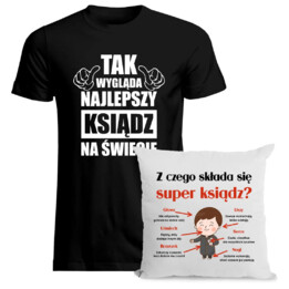 Komplet dla księdza - Tak wygląda najlepszy ksiądz + Z czego składa się super ksiądz?- koszulka i poduszka na prezent