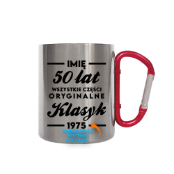 (IMIĘ) 50 lat wszystkie części oryginalne - kubek metalowy z karabińczykiem - produkt personalizowany