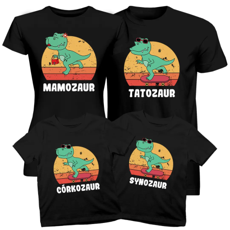 Komplet dla mamy, taty córki i syna - Mamozaur, Tatozaur, Córkozaur, Synozaur - koszulki z nadrukiem
