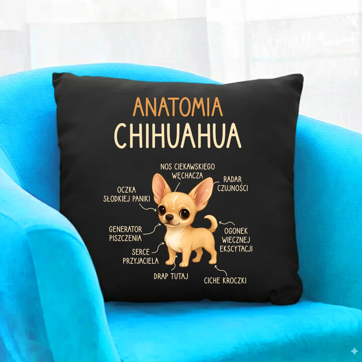 Anatomia Chihuahua - czarna poduszka na prezent