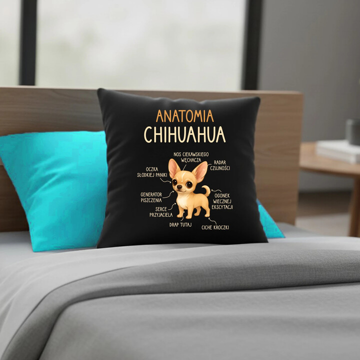 Anatomia Chihuahua - czarna poduszka na prezent