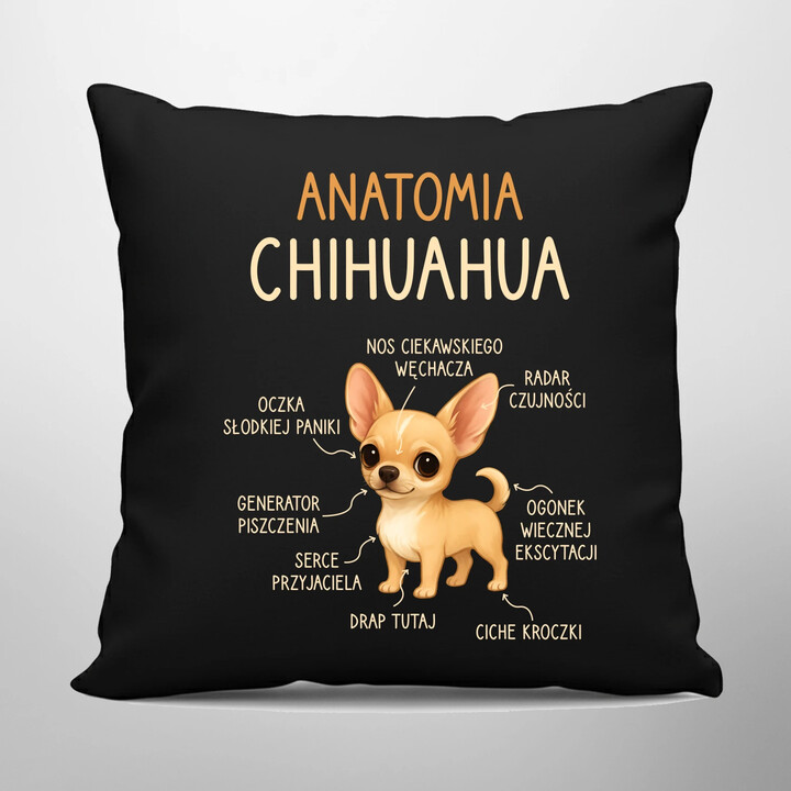 Anatomia Chihuahua - czarna poduszka na prezent