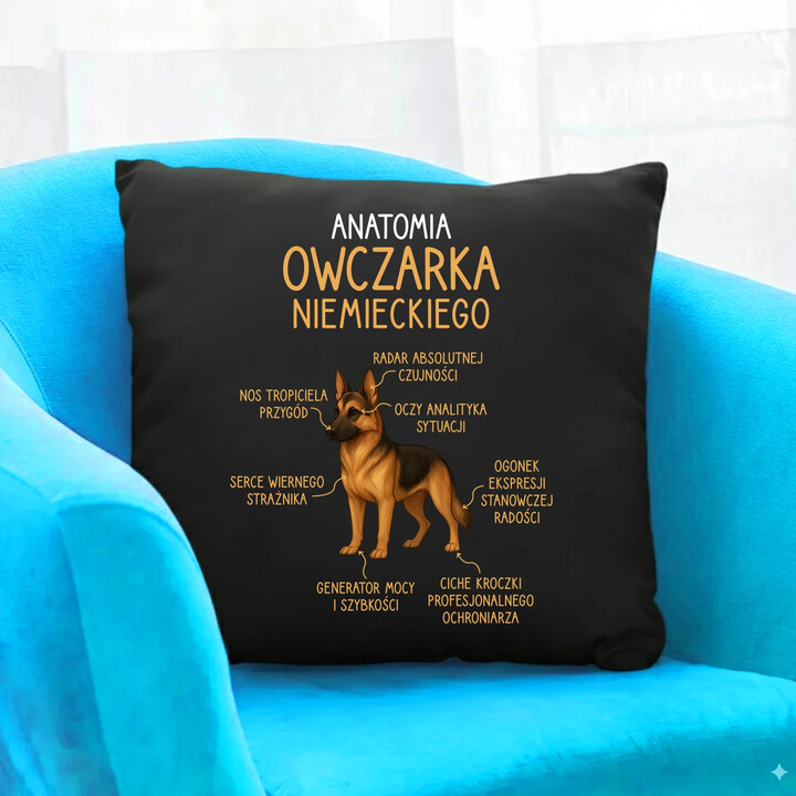 Anatomia owczarka niemieckiego - czarna poduszka na prezent