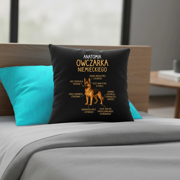 Anatomia owczarka niemieckiego - czarna poduszka na prezent