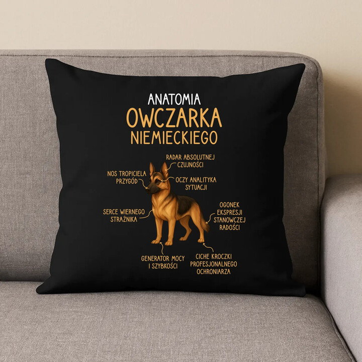 Anatomia owczarka niemieckiego - czarna poduszka na prezent