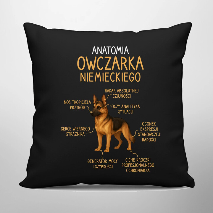 Anatomia owczarka niemieckiego - czarna poduszka na prezent