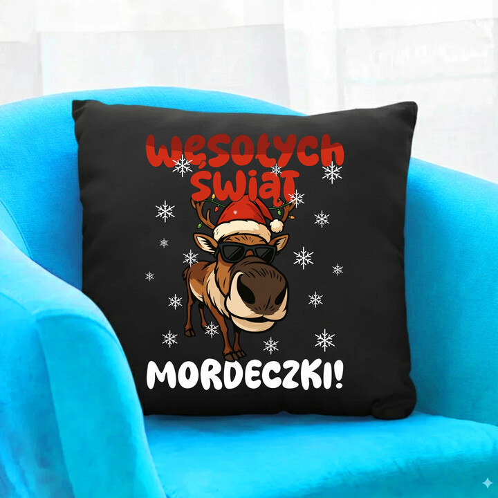 Wesołych Świąt - mordeczki! - czarna poduszka na prezent