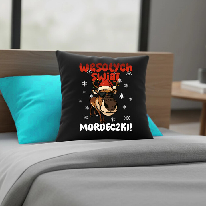 Wesołych Świąt - mordeczki! - czarna poduszka na prezent