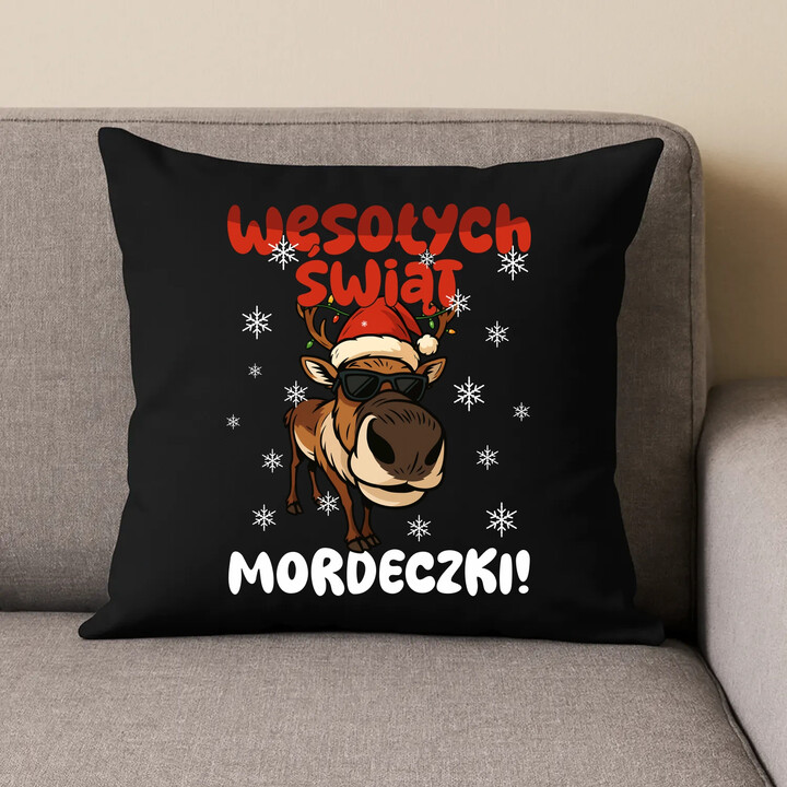 Wesołych Świąt - mordeczki! - czarna poduszka na prezent
