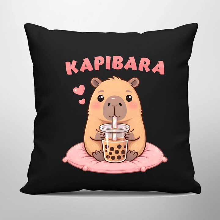 Kapibara - bubble tea - czarna poduszka na prezent
