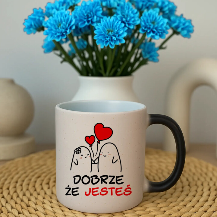 Dobrze, że jesteś - szkoda, że... - magiczny kubek z brokatem na prezent