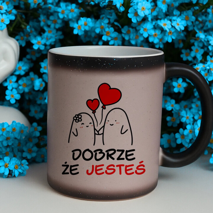 Dobrze, że jesteś - szkoda, że... - magiczny kubek z brokatem na prezent