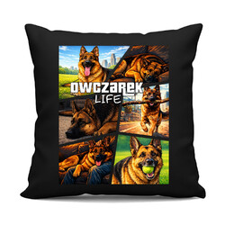 Owczarek Life - czarna poduszka na prezent