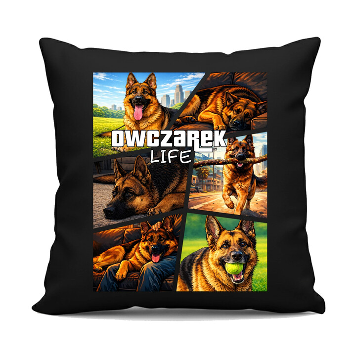 Owczarek Life - czarna poduszka na prezent