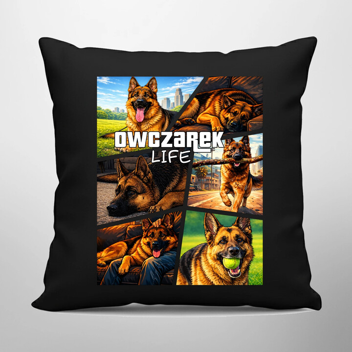 Owczarek Life - czarna poduszka na prezent