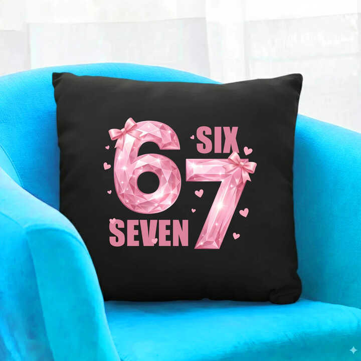 Six seven 67 - różowa wersja - czarna poduszka na prezent