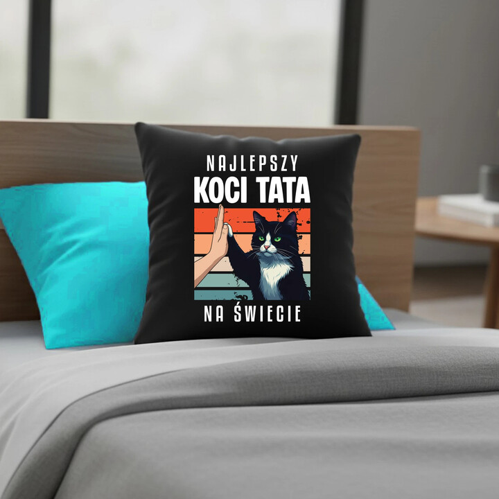 Najlepszy koci tata na świecie - czarna poduszka na prezent