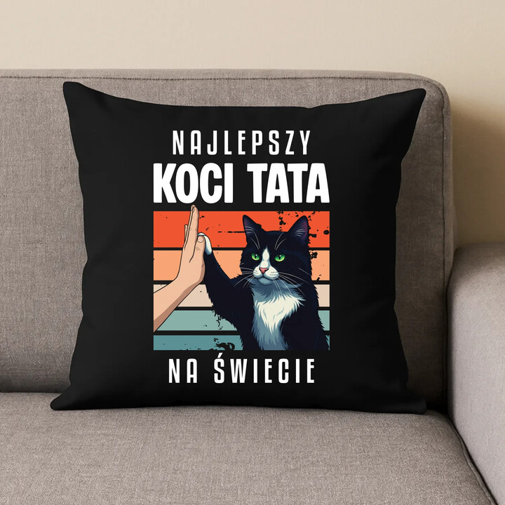 Najlepszy koci tata na świecie - czarna poduszka na prezent