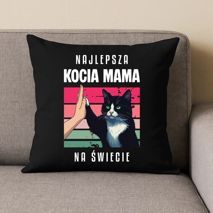 Najlepsza kocia mama na świecie - czarna poduszka na prezent