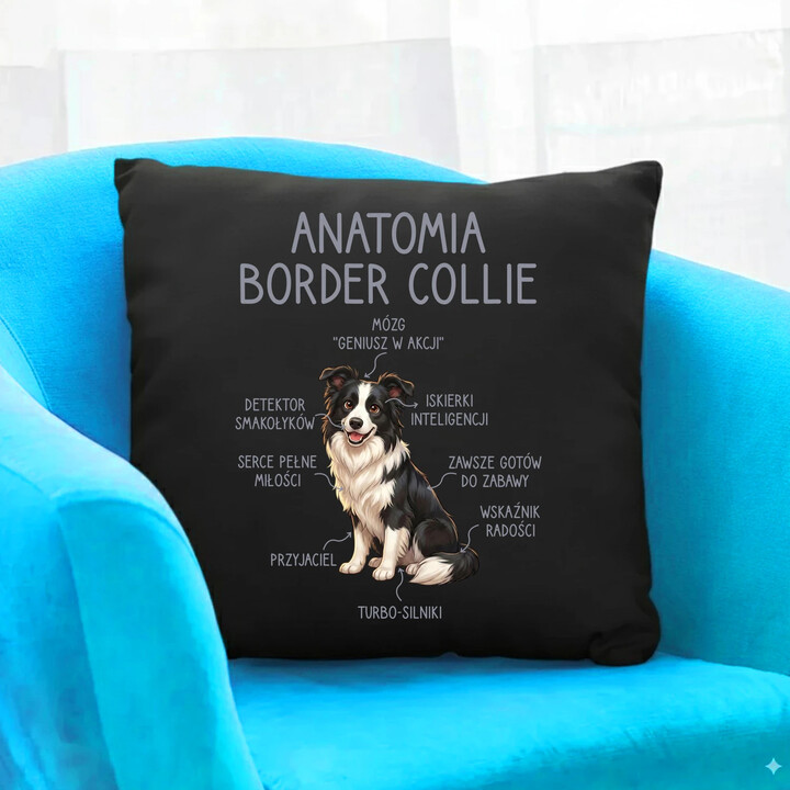Anatomia border collie - czarna poduszka na prezent