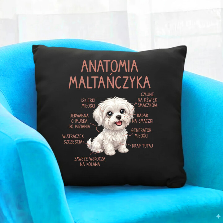 Anatomia maltańczyka - czarna poduszka na prezent