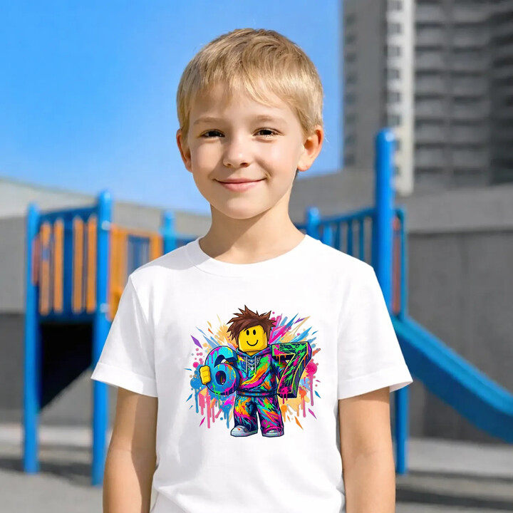 Kolorowe six seven - 67 - inspirowane Roblox - dziecięca koszulka na prezent