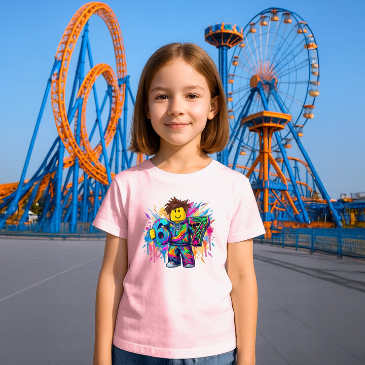 Kolorowe six seven - 67 - inspirowane Roblox - dziecięca koszulka na prezent