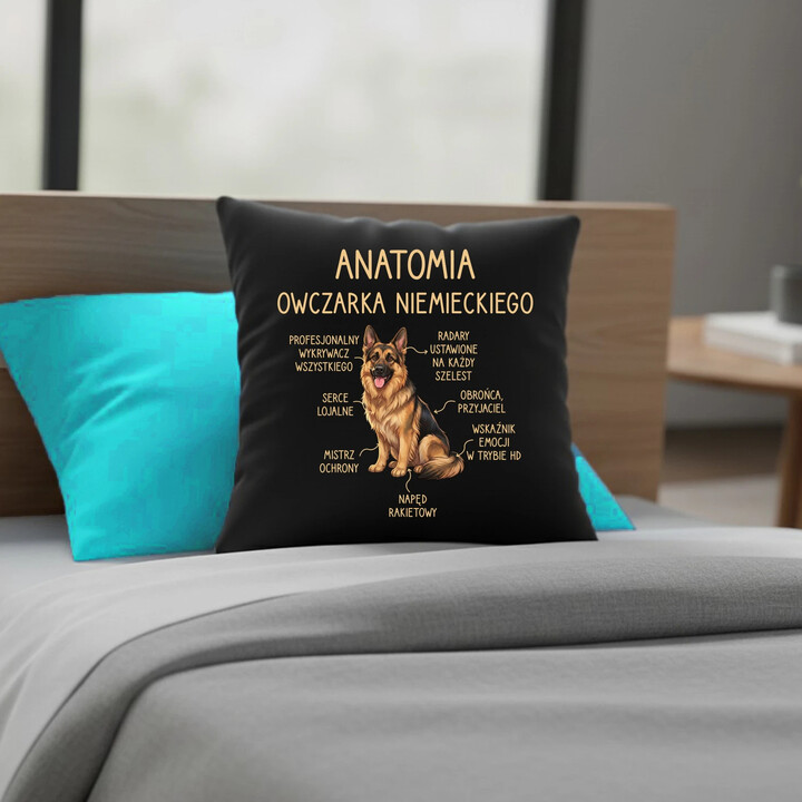 Anatomia owczarka niemieckiego v2 - czarna poduszka na prezent