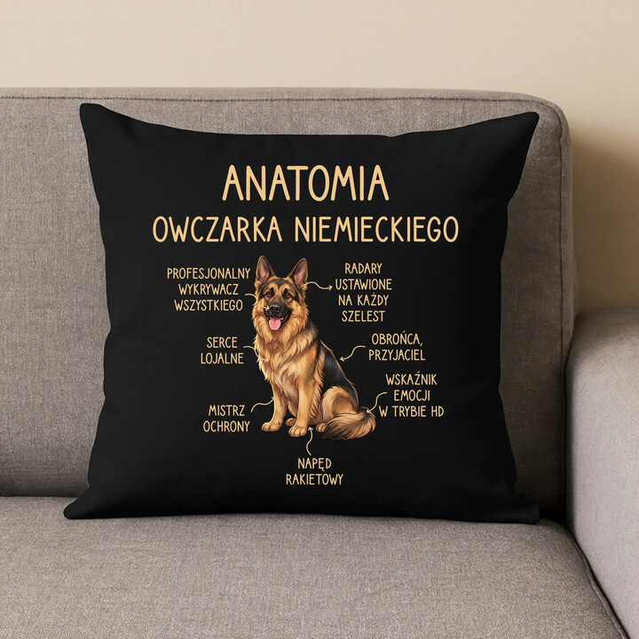 Anatomia owczarka niemieckiego v2 - czarna poduszka na prezent