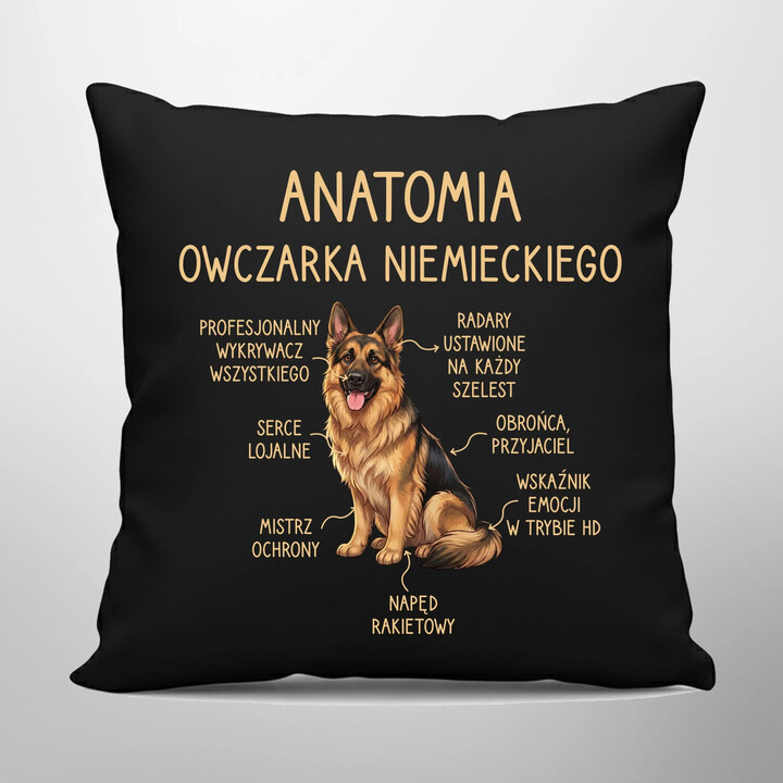 Anatomia owczarka niemieckiego v2 - czarna poduszka na prezent