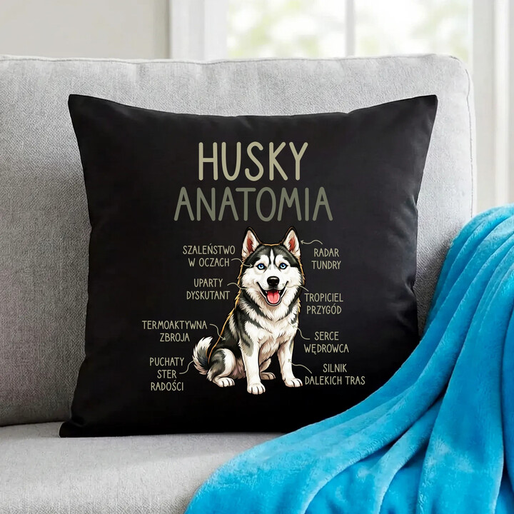 Husky anatomia - czarna poduszka na prezent