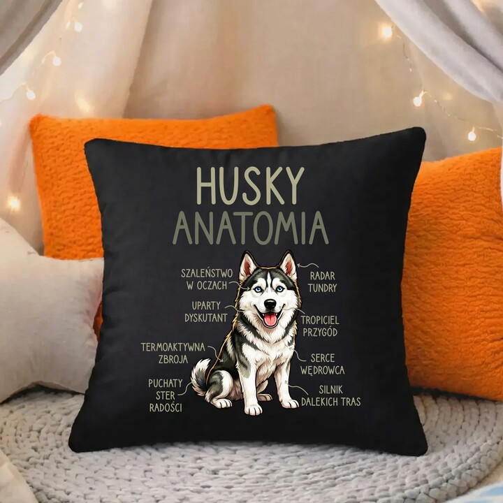 Husky anatomia - czarna poduszka na prezent
