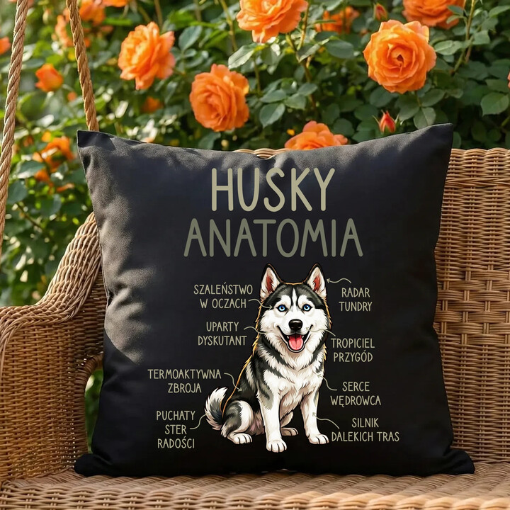 Husky anatomia - czarna poduszka na prezent