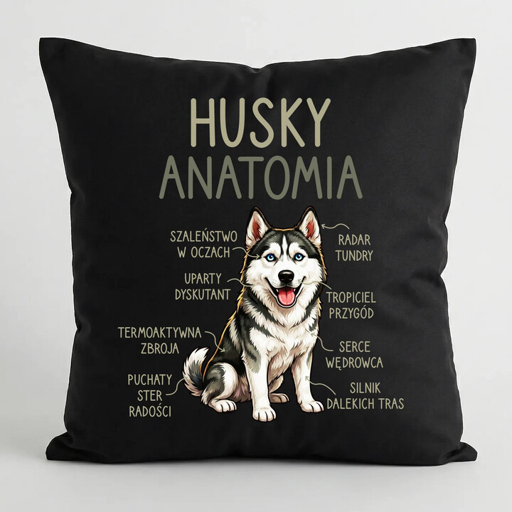Husky anatomia - czarna poduszka na prezent