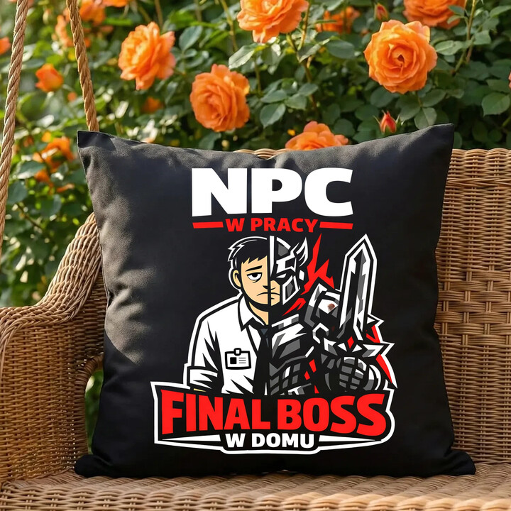 NPC w pracy, final boss w domu - czarna poduszka na prezent