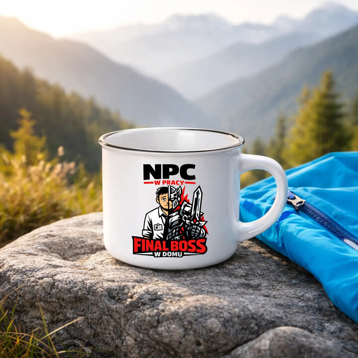 NPC w pracy, final boss w domu - kubek emaliowany na prezent