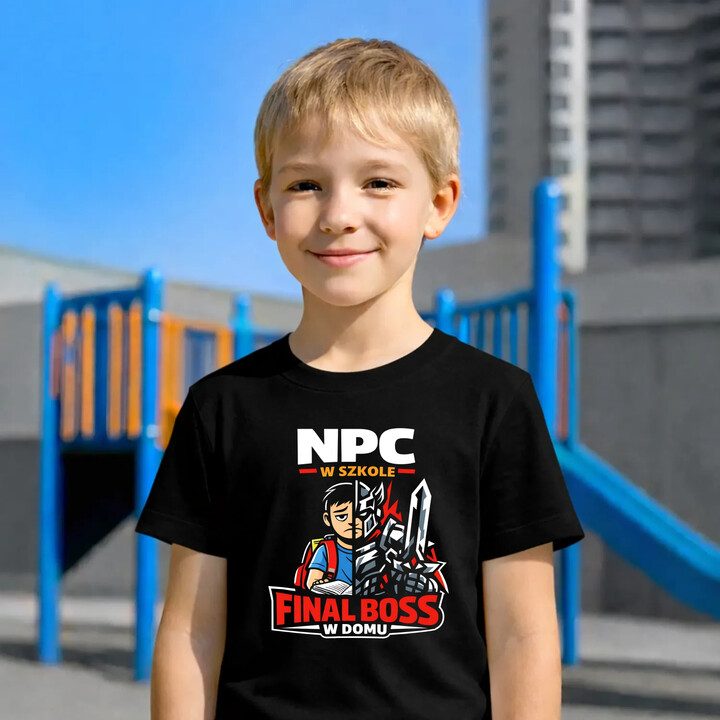 NPC w szkole, final boss w domu - dziecięca koszulka na prezent