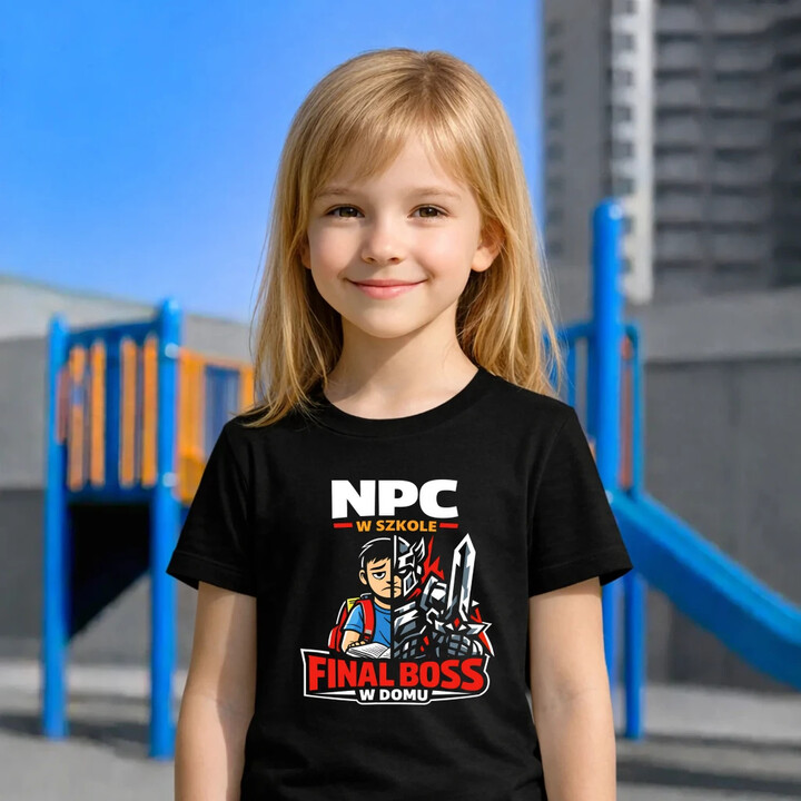NPC w szkole, final boss w domu - dziecięca koszulka na prezent