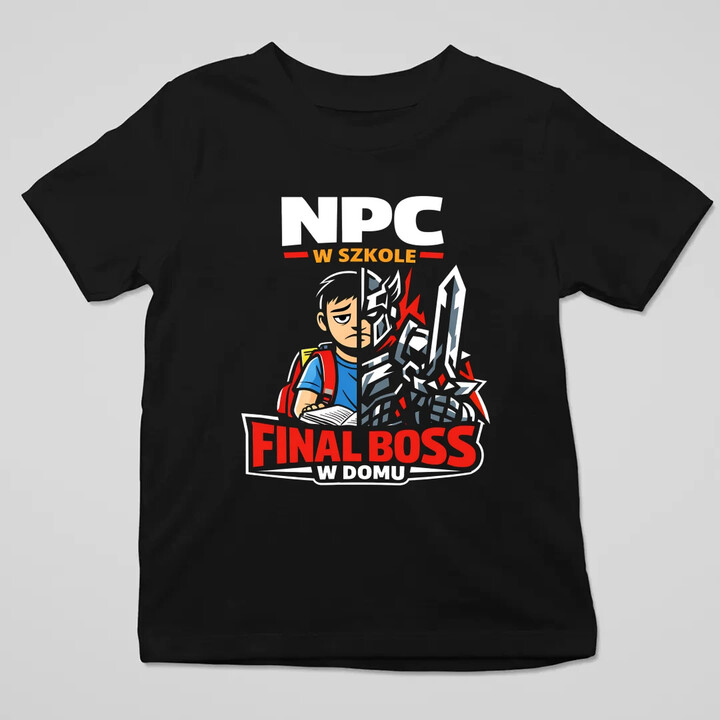 NPC w szkole, final boss w domu - dziecięca koszulka na prezent