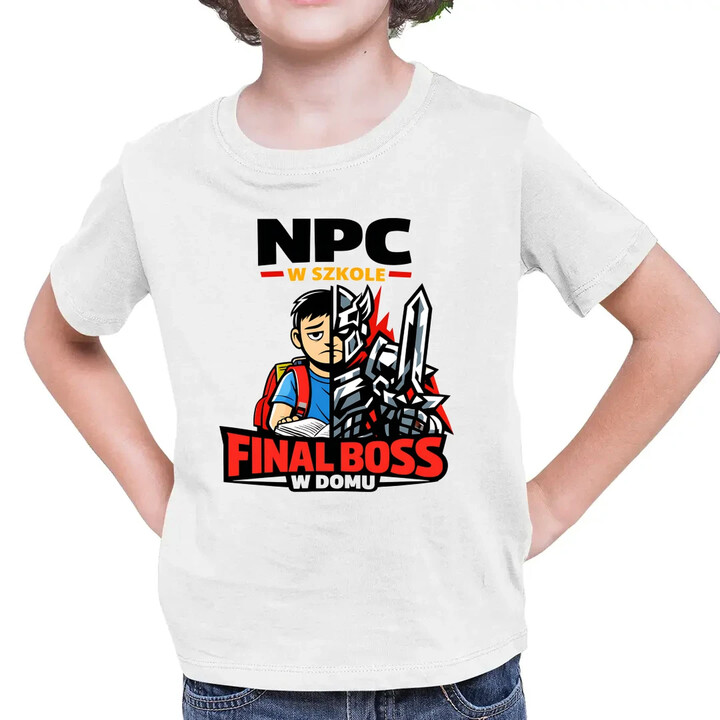 NPC w szkole, final boss w domu - dziecięca koszulka na prezent