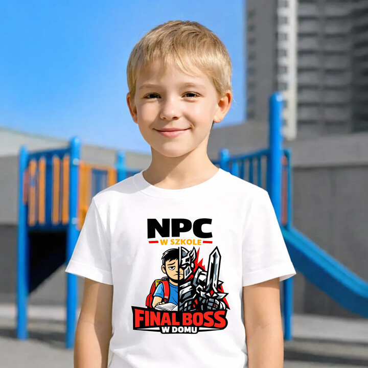 NPC w szkole, final boss w domu - dziecięca koszulka na prezent