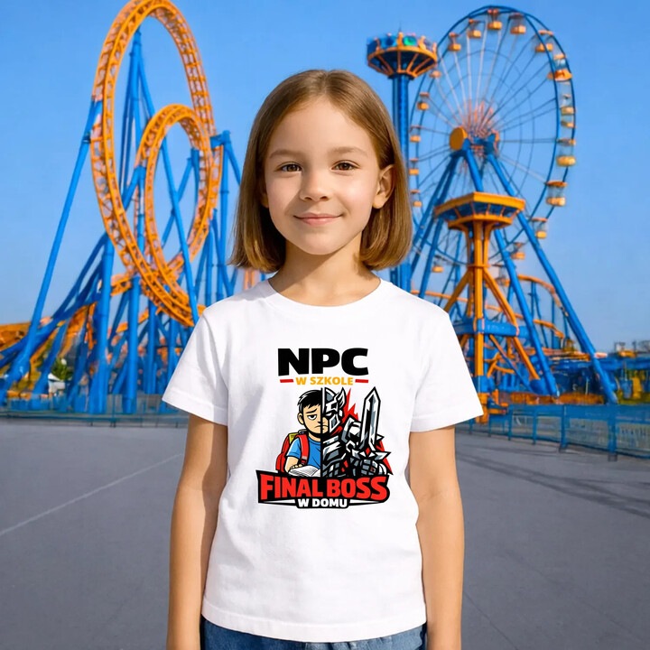 NPC w szkole, final boss w domu - dziecięca koszulka na prezent