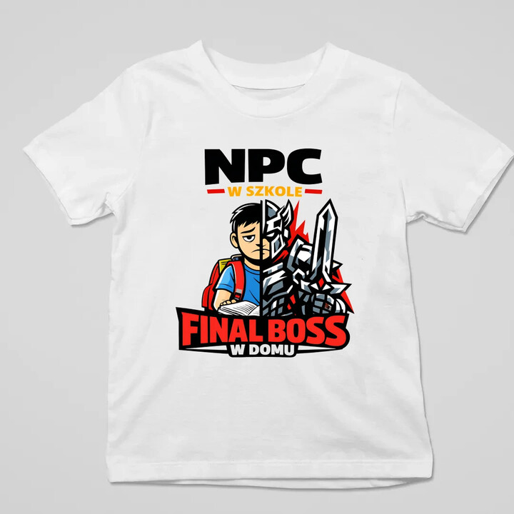 NPC w szkole, final boss w domu - dziecięca koszulka na prezent