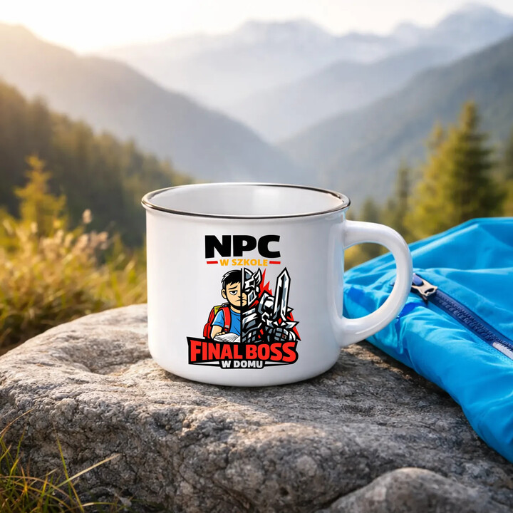 NPC w szkole, final boss w domu - kubek emaliowany na prezent