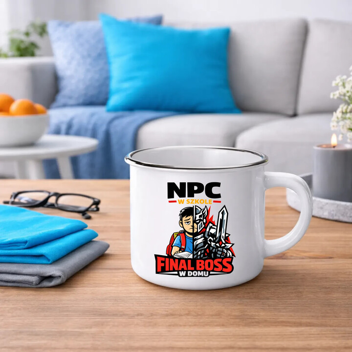 NPC w szkole, final boss w domu - kubek emaliowany na prezent