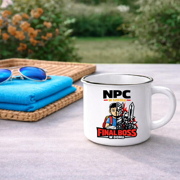 NPC w szkole, final boss w domu - kubek emaliowany na prezent