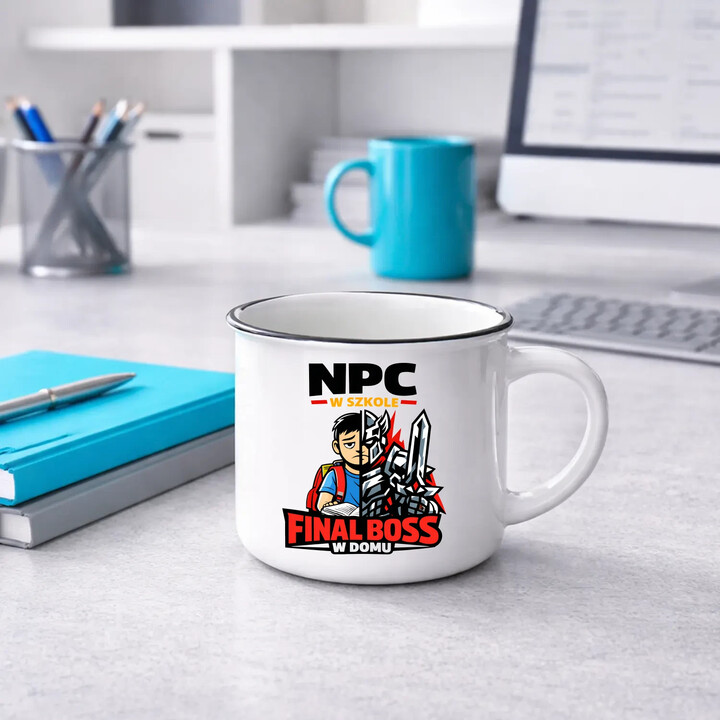 NPC w szkole, final boss w domu - kubek emaliowany na prezent