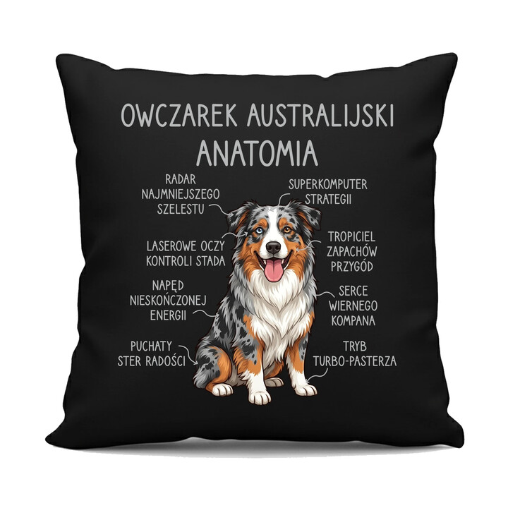 Owczarek Australijski - anatomia - czarna poduszka na prezent