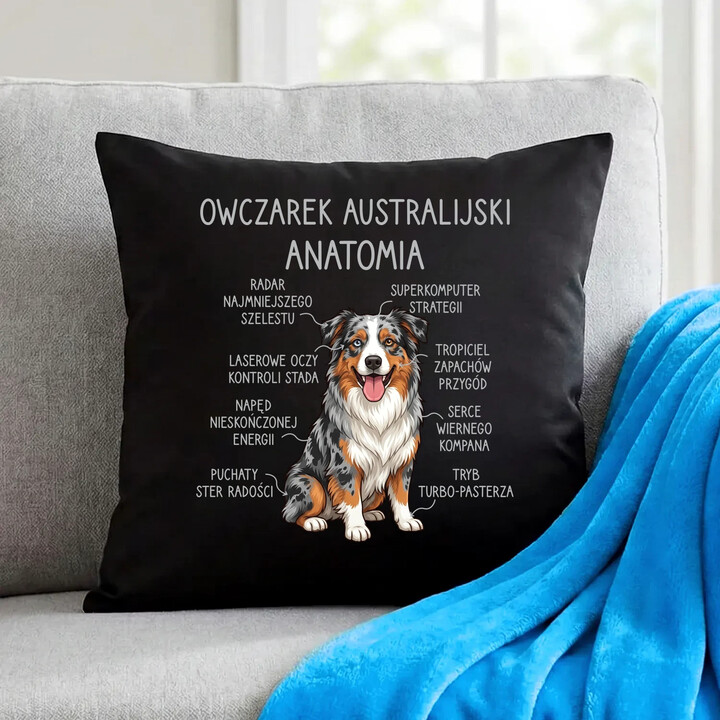 Owczarek Australijski - anatomia - czarna poduszka na prezent